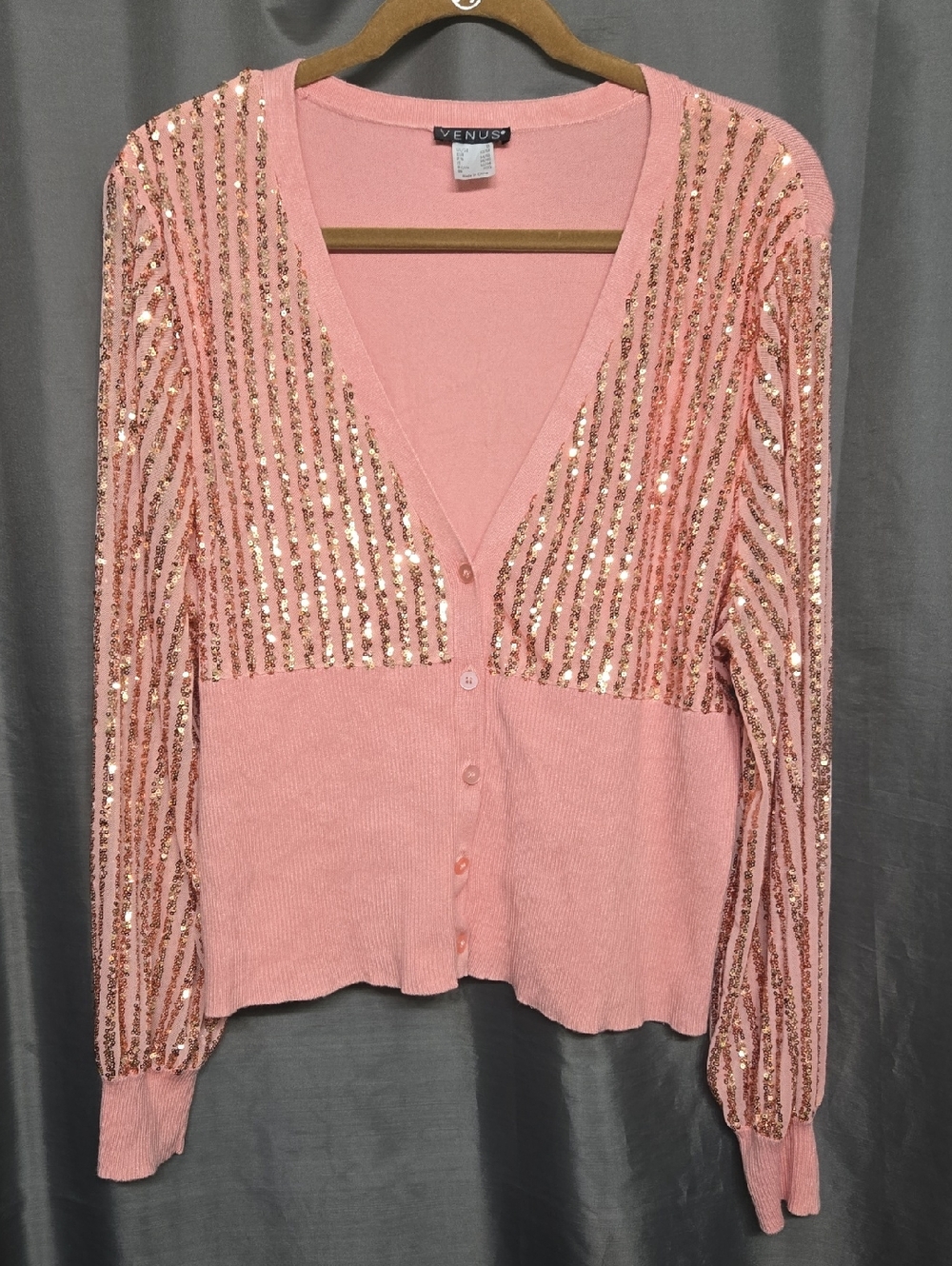SALE! VENUS Rose Coral Pink Sequin-Striped V-Neck Cardigan